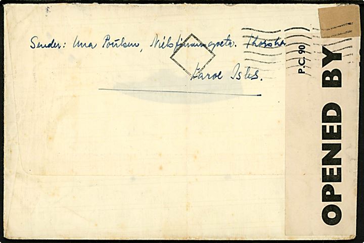 20/15 øre Provisorium (2) på 40 øre frankeret brev fra Thorshavn d. 2.10.1941 til London, England. Åbnet af britisk censur PC90/4268. 
