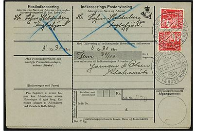 15 øre (2) Karavel på retur Indkasserings-Postanvisning annulleret med Klipfisk-stempel i Klaksvig Færøerne d. 21.11.1939 til Fuglefjord. Retur som ikke indløst.