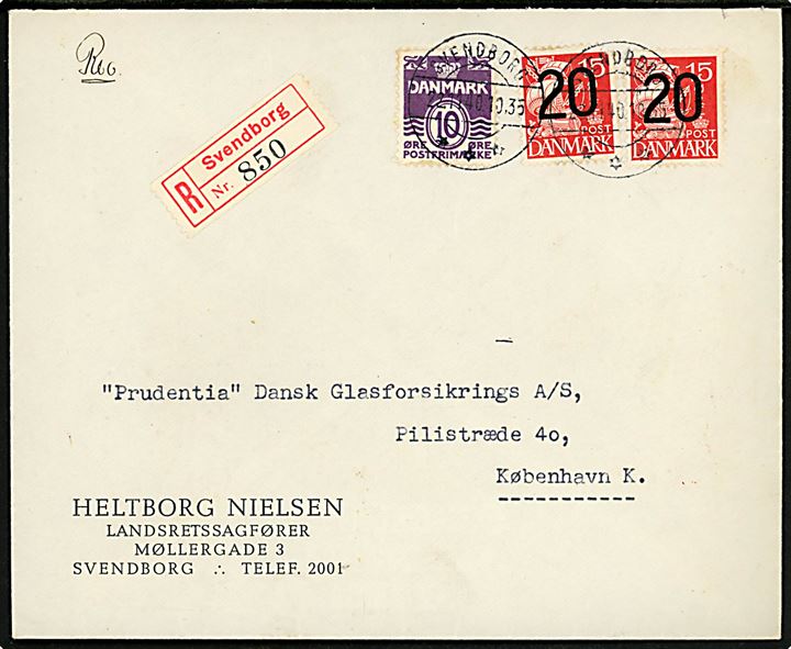 10 øre Bølgelinie og 20/15 øre Provisorium (2) på 50 øre frankeret anbefalet brev fra Svendborg d. 22.11.1940 til København.