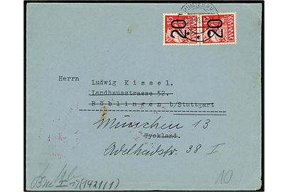 20/15 øre Provisorium i parstykke på brev fra Humlebæk d. 20.8.1940 til Böblingen b/Stuttgart, Tyskland - eftersendt til München. Åbnet af tysk censur i Berlin.