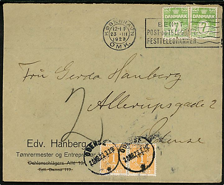 7 øre Bølgelinie (2) på underfrankeret brev fra København d. 23.3.1929 til Odense. Udtakseret i porto med 1 øre Portomærke i parstykke stemplet Odense d. 23.3.1929.