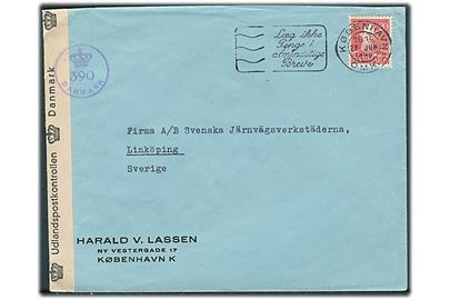 20 øre Chr. X på brev fra København d. 27.6.1945 til Linköping, Sverige. Åbnet af dansk efterkrigscensur med stempel (krone)/390/Danmark.
