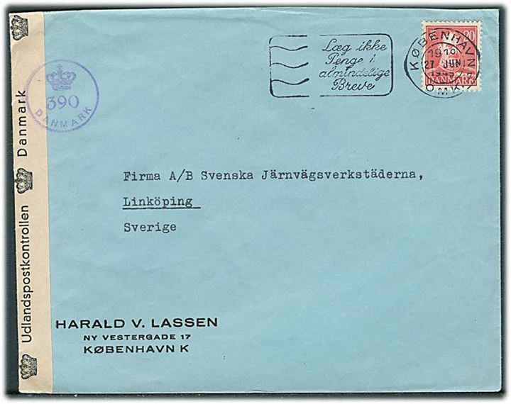20 øre Chr. X på brev fra København d. 27.6.1945 til Linköping, Sverige. Åbnet af dansk efterkrigscensur med stempel (krone)/390/Danmark.