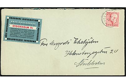 25 öre Gustaf på brev fra Hälsingborg d. 2.11.1953 til Stockholm. Påsat etiket: Rätt Postadress Stockholm SV.