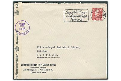 20 øre Chr. X på brev fra København d. 2.8.1945 til Luleaa, Sverige. Åbnet af dansk efterkrigscensur med stempel (krone)/506/Danmark.