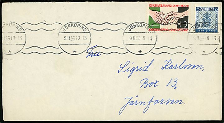 25 öre Postjubilæum og Hjälpa Människor i Nöd mærkat på brev fra Jönköping d. 9.2.1955 til Järnforsen.