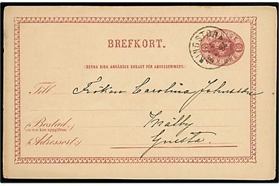 6 öre Tre Kroner helsagsbrevkort annulleret Ringstorp d. 24.5.1884 til Gnesta.