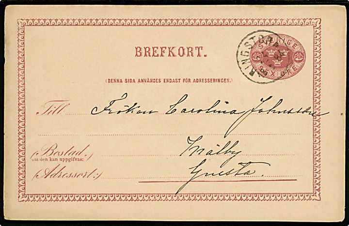 6 öre Tre Kroner helsagsbrevkort annulleret Ringstorp d. 24.5.1884 til Gnesta.