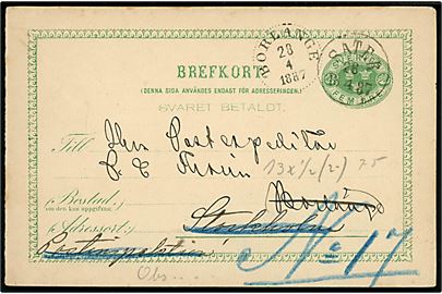 5 öre Tre Kroner spørgedel af dobbelt helsagsbrevkort fra Säter d. 28.4.1887 til Borlänge - eftersendt til Stockholm.