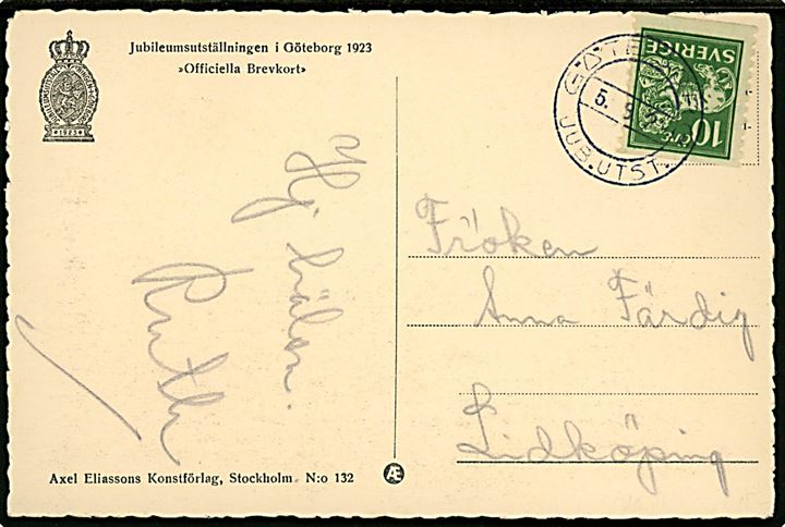 10 öre Løve på brevkort (Jubilæumsudstillingen 1923) annulleret med særstempel Göteborg Jub. Utst. d. 5.9.1923 til Lidköping.
