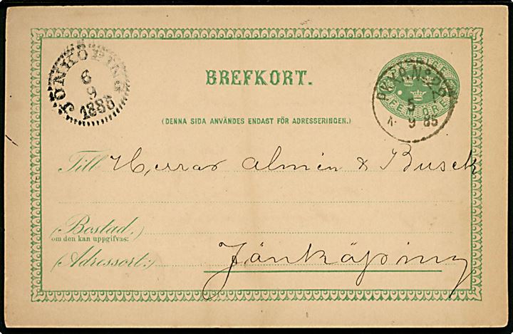 5 öre Tre Kroner helsagsbrevkort annulleret med bureaustempel PKXP. No. 22 (= Nässjö-Oskarshamn) d. 5.9.1885 til Jönköping.
