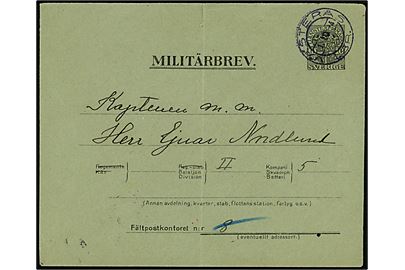10 öre Militärbrev fra Västerås d. 1.10.1924 til officer ved II Bataljon 5 Kompani Fältpostkontor N:r 8. Ank.stemplet i Uppsala d. 2.10.1924. Lodret fold. 