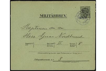 10 öre Militärbrev fra Västerås d. 30.9.1924 til officer ved II Bataljon 5 Kompani Fältpostkontor N:r 8. Lodret fold. 