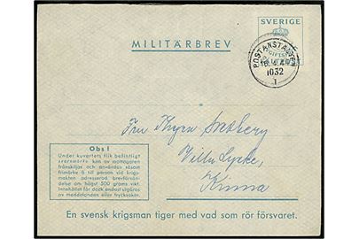Militärbrev fra soldat ved fältpost 62279 stemplet Postanstalten 1032 I (= Åsa Station) d. 16.4.1944 til Kinna. Svarmærke bortklippet.