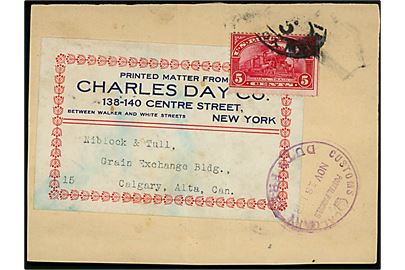 5 cents Parcel Post udg. med damplokomotiv anvendt som frankering på adresseseddel fra tryksag fra New York til Calgary, Canada. Canadisk toldstempel fra Calgary d. 18.11.1918.