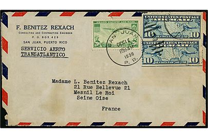 10 cents Postfly (2) og 20 cents Trans Pacific Clipper på luftpostbrev fra San Juan, Puerto Rico d. 16.12.1939 til Seine Oise, Frankrig. Urent åbnet.