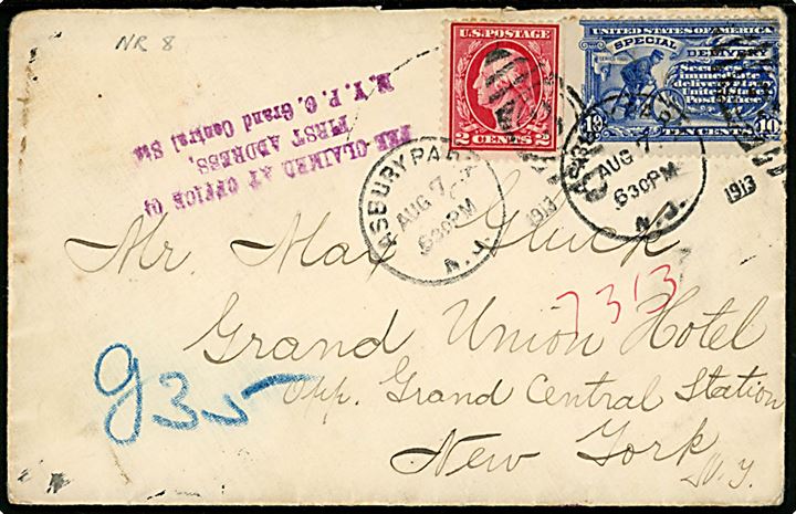 2 cents Washington og 10 cents Special Delivery på ekspresbrev fra Asbury Park, N. J. d. 7.8.1913 til New York. 