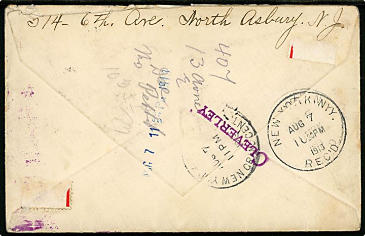 2 cents Washington og 10 cents Special Delivery på ekspresbrev fra Asbury Park, N. J. d. 7.8.1913 til New York. 