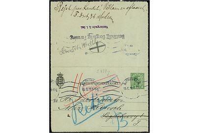 5 øre Chr. X lokalt helsags korrespondancekort fra Bestandig Borgerlig Forening i Kjøbenhavn d. 15.6.1918. Retur som ubekendt.