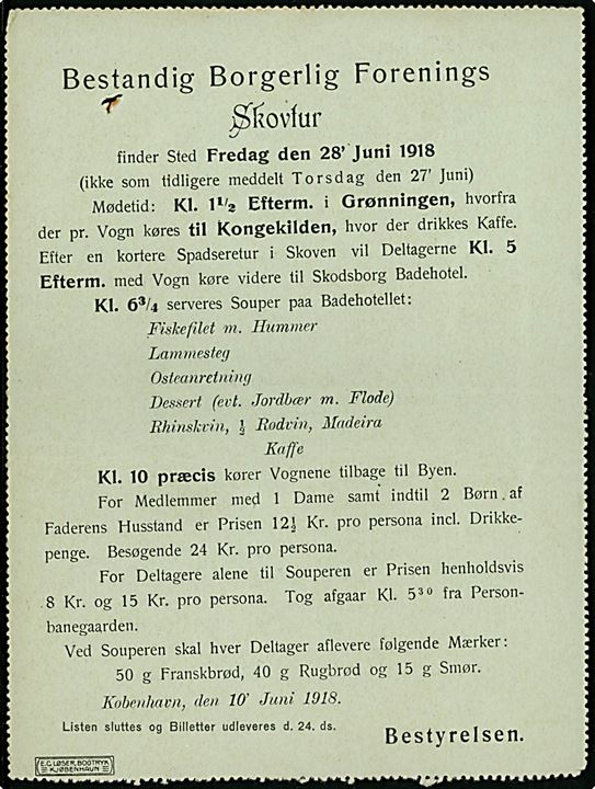 5 øre Chr. X lokalt helsags korrespondancekort fra Bestandig Borgerlig Forening i Kjøbenhavn d. 15.6.1918. Retur som ubekendt.