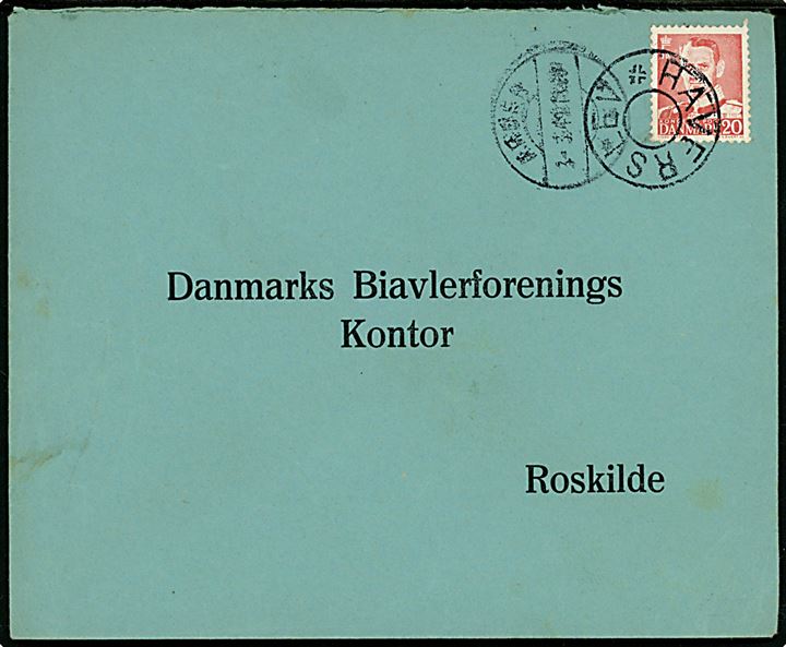 20 øre Fr. IX på brev annulleret med udslebet stjernestempel HAVERSLEV og sidestemplet Arden d. 3.3.1949 til Roskilde.