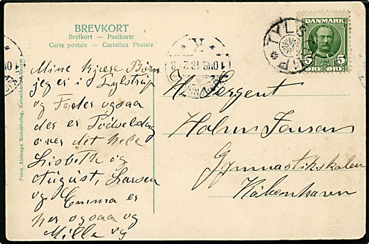 5 øre Fr. VIII på brevkort annulleret med stjernestempel TYLSTRUP til København. Ank.stemplet Kjøbenhavn d. 18.2.1908.