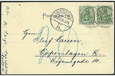 10 pfennig på postkort fra Saalfeld d. 25.3.1904 til København. Påskrevet 20 med blåkridt.