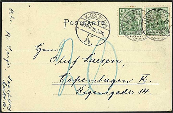 10 pfennig på postkort fra Saalfeld d. 25.3.1904 til København. Påskrevet 20 med blåkridt.