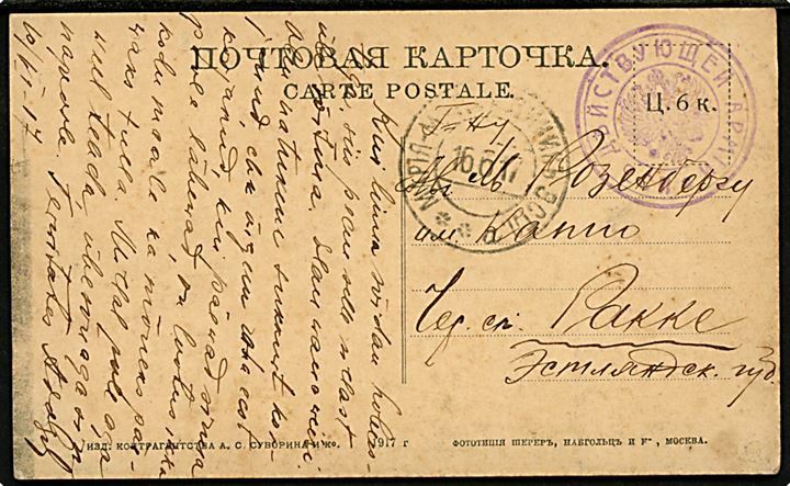 Ufrankeret russisk feltpostkort (Briansk) dateret d. 10.6.1917 med violet Fra den aktive Arme stempel til Rakke, Estland. Transit stemplet Maria Magdalena Estl. d. 16.6.1917.