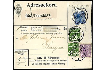 10 øre Bølgelinie (2), 15 øre og 40 øre Chr. X på adressekort for pakke fra Thorshavn d. 17.6.1924 til Viderejde. På bagsiden transit stempel brotype Ig Klaksvig d. 18.6.1924.
