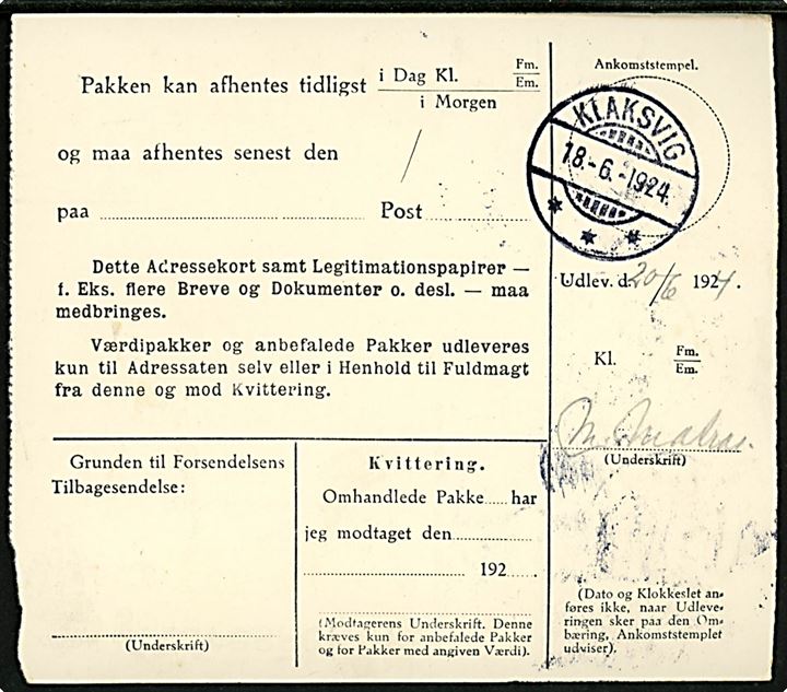 10 øre Bølgelinie (2), 15 øre og 40 øre Chr. X på adressekort for pakke fra Thorshavn d. 17.6.1924 til Viderejde. På bagsiden transit stempel brotype Ig Klaksvig d. 18.6.1924.
