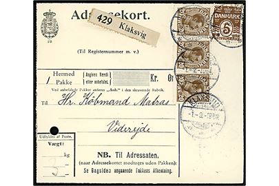 5 øre Bølgelinie og 20 øre Chr. X i 3-stribe på 65 øre frankeret adressekort for pakke annulleret med brotype Ig Klaksvig d. 1.9.1924 til Viderejde.