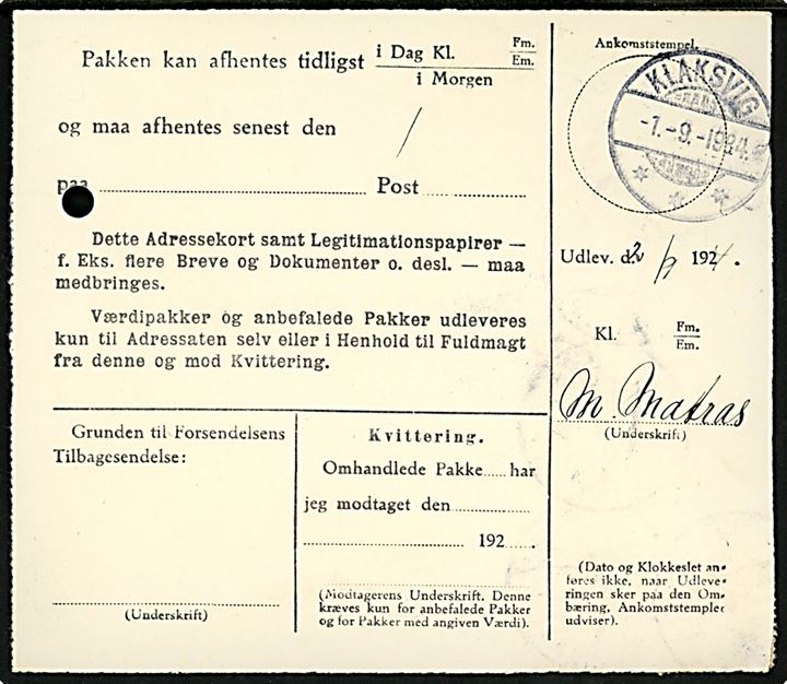 5 øre Bølgelinie og 20 øre Chr. X i 3-stribe på 65 øre frankeret adressekort for pakke annulleret med brotype Ig Klaksvig d. 1.9.1924 til Viderejde.