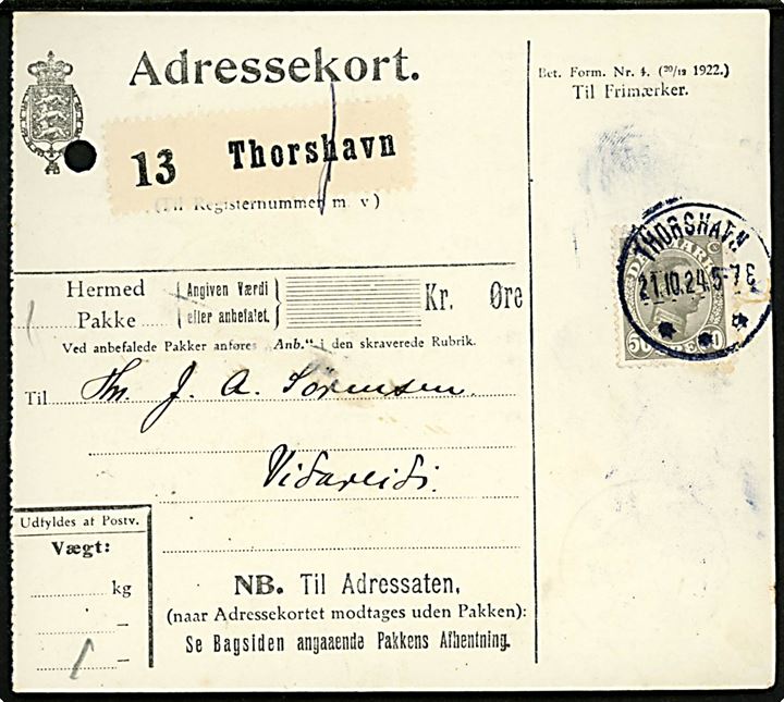 50 øre Chr. X single på adressekort for pakke annulleret Thorshavn d. 21.10.1924 til Videreide. På bagsiden transit stemplet brotype Ig Klaksvig d. 22.10.1924.