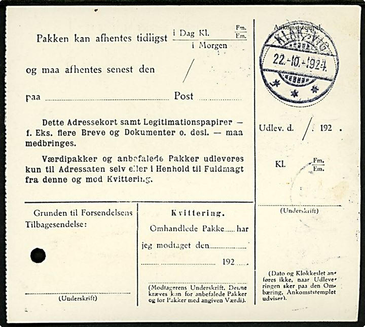 50 øre Chr. X single på adressekort for pakke annulleret Thorshavn d. 21.10.1924 til Videreide. På bagsiden transit stemplet brotype Ig Klaksvig d. 22.10.1924.
