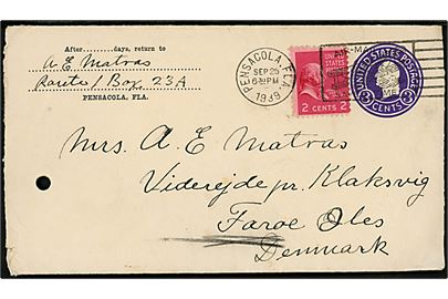 Amerikansk 3 cents helsagskuvert opfrankeret med 2 cents Adams fra Pensacola d. 26.9.1939 til Viderejde pr. Klaksvig, Færøerne, Danmark. Arkivhul.