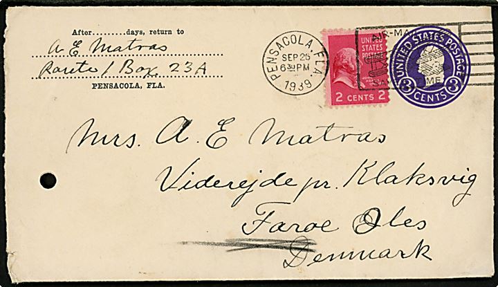 Amerikansk 3 cents helsagskuvert opfrankeret med 2 cents Adams fra Pensacola d. 26.9.1939 til Viderejde pr. Klaksvig, Færøerne, Danmark. Arkivhul.