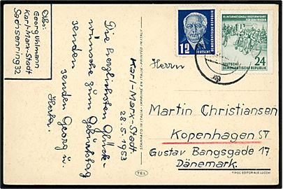 12 pfg. Pieck og 24 pfg. Cykelløb på brevkort fra Karl Marx Stadt d. 28.5.1953 til København, Danmark.