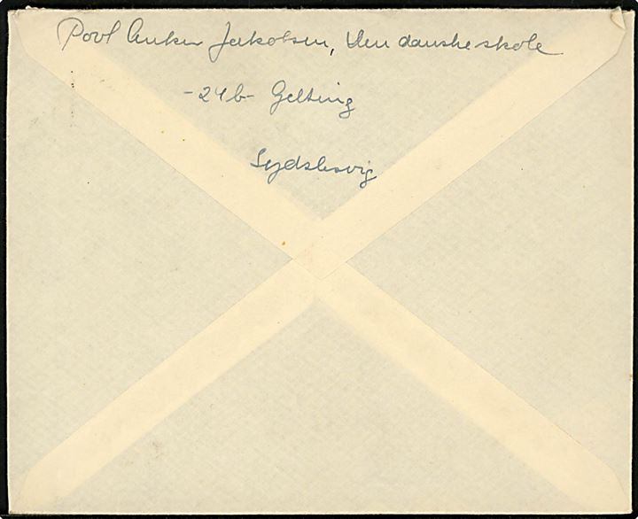30 pfg. Brandenburger Tor single på brev fra den danske skole i Gelting d. 16.9.1949 til billedhugger Gunnar Hammerich i Ærøskøbing, Danmark.