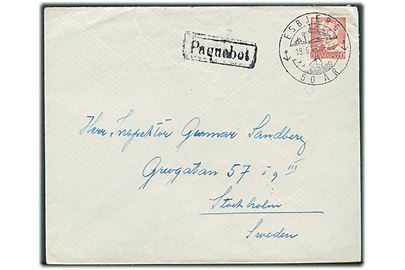 20 øre Fr. IX på fortrykt DFDS kuvert annulleret med særstempel Esbjerg 50 år d. 19.6.1949 og sidestemplet Paquebot til Stockholm, Sverige.