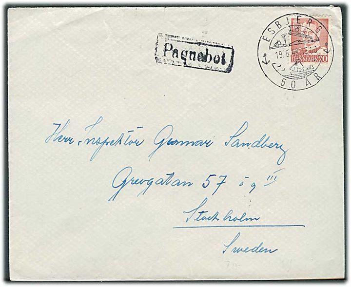 20 øre Fr. IX på fortrykt DFDS kuvert annulleret med særstempel Esbjerg 50 år d. 19.6.1949 og sidestemplet Paquebot til Stockholm, Sverige.