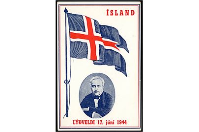 Lýðveldið Ísland, Republikken Island d. 17. juni 1944 med flag og politiker. Helgi Arnason u/no