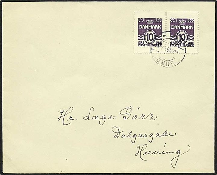 10 øre violet bølgelinie, par, på brev fra Sunds d. 4.12.1946 til Herning.