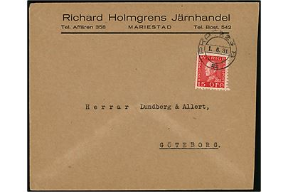 15 öre Gustaf på brev fra Mariestad annulleret med bureaustempel PKP 223B (= Gårdsjö - Skara) d. 1.6.1931 til Göteborg.