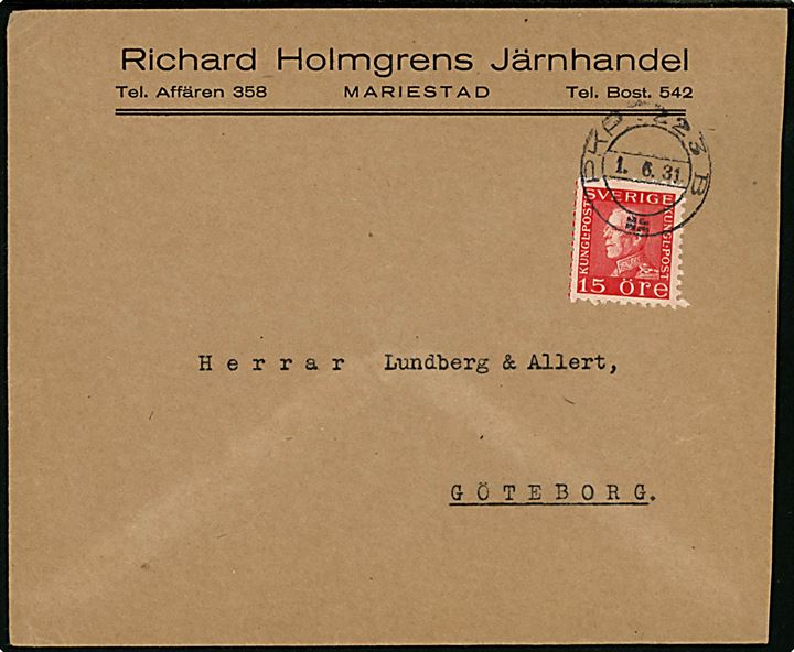 15 öre Gustaf på brev fra Mariestad annulleret med bureaustempel PKP 223B (= Gårdsjö - Skara) d. 1.6.1931 til Göteborg.