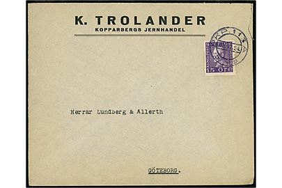 15 öre Gustaf på brev fra Kopparberg annulleret med bureaustempel PKP 113A (= Krylbo - Mjölby) d. 10.11.1924 til Göteborg.
