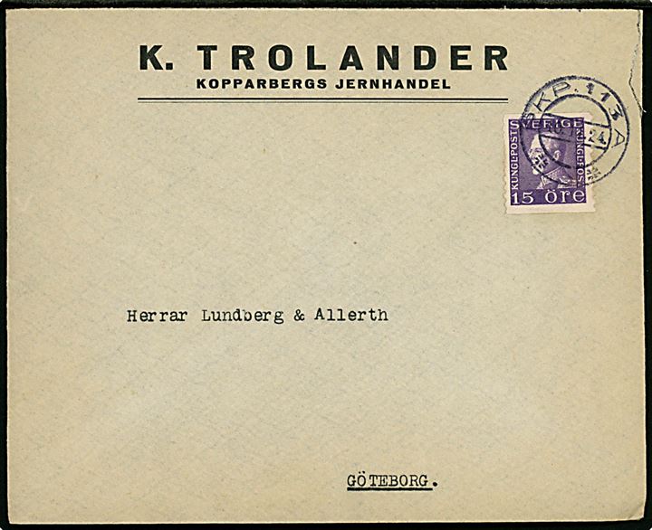 15 öre Gustaf på brev fra Kopparberg annulleret med bureaustempel PKP 113A (= Krylbo - Mjölby) d. 10.11.1924 til Göteborg.