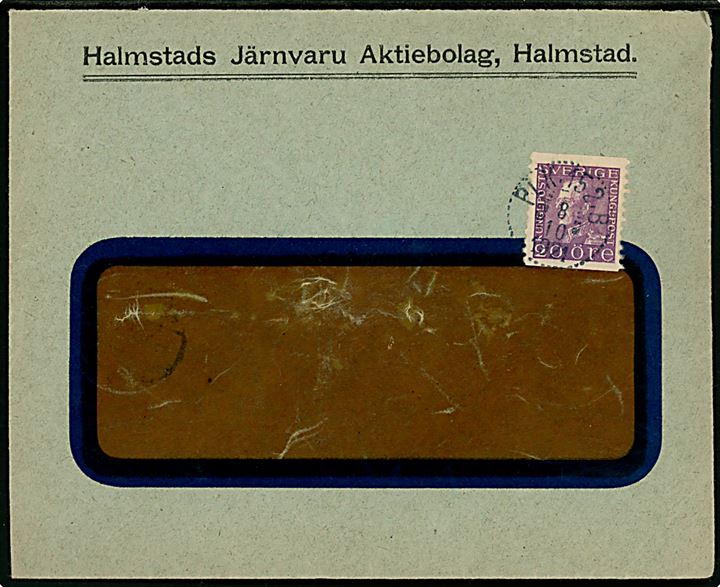 20 öre Gustaf på rudekuvert fra Halmstad annulleret med bureaustempel PLK 152B (= Göteborg - Malmö) d. 8.10.1921 til Göteborg.