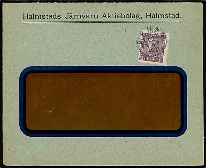 20 öre Gustaf på rudekuvert fra Halmstad annulleret med bureaustempel PLK 152C (= Göteborg - Malmö) d. 22.6.1921.