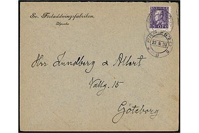 15 öre Gustaf på brev fra Upsala annulleret med bureaustempel PKP 267D (= Storvik - Stockholm) d. 23.9.1923 til Göteborg.